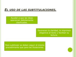 EL USO DE LAS SUBTITULACIONES.
Ayudan a que las ideas
aparezcan debidamente
clasificadas.
Favorecen la claridad, le imprimen
elegancia al texto y facilitan su
lectura.
Para subtitular se deben seguir el mismo
procedimiento que para las titulaciones.
 