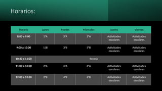 Horarios:
Horario Lunes Martes Miércoles Jueves Viernes
8:00 a 9:00 1°A 3°A 5°A Actividades
escolares
Actividades
escolares
9:00 a 10:00 1|B 3°B 5°B Actividades
escolares
Actividades
escolares
10:30 a 11:00 Receso
11:00 a 12:00 2°A 4°A 6°A Actividades
escolares
Actividades
escolares
12:00 a 12:30 2°B 4°B 6°B Actividades
escolares
Actividades
escolares
 