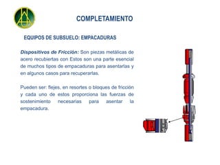 COMPLETAMIENTO

 EQUIPOS DE SUBSUELO: EMPACADURAS

Dispositivos de Fricción: Son piezas metálicas de
acero recubiertas con Estos son una parte esencial
de muchos tipos de empacaduras para asentarlas y
en algunos casos para recuperarlas.

Pueden ser: flejes, en resortes o bloques de fricción    Mandril
y cada uno de estos proporciona las fuerzas de
                                                                   Mandril
sostenimiento    necesarias     para    asentar     la
empacadura.
 
