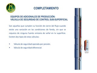COMPLETAMIENTO

    EQUIPOS DE ADICIONALES DE PRODUCCIÓN:
    VÁLVULA DE SEGURIDAD DE CONTROL SUB-SUPERFICIAL

Son aquellas que cumplen su función de cierre del flujo cuando
existe una variación en las condiciones de fondo, sin que se
requiera de ninguna fuente emisora de señal en la superficie.
Existen dos tipos de estas válvulas:


     Válvula de seguridad operada por presión.
     Válvula de seguridad diferencial.
 