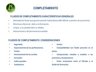 COMPLETAMIENTO

        FLUIDOS DE COMPLETAMIENTO:CARACTERISTICAS GENERALES
•         Densidad de fluido que genere presión hidrostática>200-300 lpc a presión de yacimiento.
•         Minimizar efecto de daño a la formación.
•         Limpio, si es posible libre se sólidos.
•         Anticorrosivo y de permanencia estable.



FLUIDOS DE COMPLETAMIENTO: CONSIDERACIONES
    •     Seguridad.                                 •     Costos.
    •     Taponamiento de las perforaciones.         •     Compatibilidad con fluido presente en el
    •     Costos.                                    pozos.
    •     Hinchamiento de las arcillas.              •     Componentes solubles y estables a las
    •     Corrosión.                                 presiones y temperaturas.
    •     Lodos pesados.                             •     Evitar emulsiones entre el filtrado y el
    •     Turbulencia.                               fluido de formación.
 