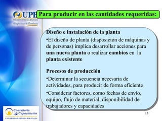 Diseño e instalación de la planta  El diseño de planta (disposición de máquinas y de personas) implica desarrollar acciones para  una nueva planta  o realizar  cambios  en  la  planta existente Procesos de producción  Determinar la secuencia necesaria de actividades, para producir de forma eficiente Considerar factores, como fechas de envío, equipo, flujo de material, disponibilidad de trabajadores y capacidades Para producir en las cantidades requeridas: 