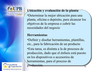 Ubicación y evaluación de la planta  Determinar la mejor ubicación para una planta, oficina o depósito, para alcanzar los objetivos de la empresa o cubrir las necesidades del negocio Herramientas  Definir y diseñar herramientas, plantillas, etc., para la fabricación de un producto Esta tarea, es distinta a la de procesos de producción, dado que el énfasis está puesto en los dispositivos o accesorios de herramientas, para el proceso de producción. 