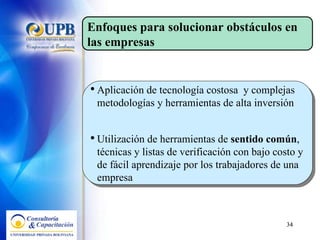 Aplicación de tecnología costosa  y complejas metodologías y herramientas de alta inversión Utilización de herramientas de  sentido común , técnicas y listas de verificación con bajo costo y de fácil aprendizaje por los trabajadores de una empresa Enfoques para solucionar obstáculos en las empresas 
