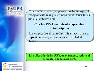 Cuando falta orden, se pierde mucho tiempo, el trabajo cuesta más y la entrega puede tener fallas que el cliente reclama.  Con las 5S’s los empleados aprenden autodisciplina Los empleados sin autodisciplina hacen que sea  imposible  entregar productos de calidad al cliente. La aplicación de las 5 S’s, en el trabajo, reduce el porcentaje de fallasen 50% 