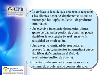 Es errónea la idea de que una pronta respuesta a los clientes depende simplemente de que se mantengan los depósitos llenos  de productos terminados. Un excesivo inventario de materias primas, aparte de una mala gestión de compras, puede significar la existencia de problemas en la capacidad de producción. Una excesiva cantidad de productos en proceso (almacenamientos intermedios) puede significar deficiencias en el flujo de producción (cuellos de botella)  Inventarios de productos terminados es un síntoma de problemas de comercialización.  