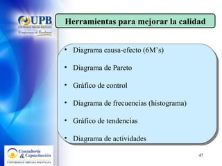 Diagrama causa-efecto (6M’s) Diagrama de Pareto Gráfico de control Diagrama de frecuencias (histograma) Gráfico de tendencias Diagrama de actividades Herramientas para mejorar la calidad 