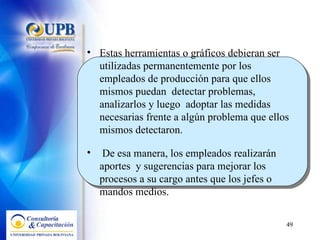 Estas herramientas o gráficos debieran ser utilizadas permanentemente por los empleados de producción para que ellos mismos puedan  detectar problemas, analizarlos y luego  adoptar las medidas necesarias frente a algún problema que ellos mismos detectaron. De esa manera, los empleados realizarán aportes  y sugerencias para mejorar los procesos a su cargo antes que los jefes o mandos medios. 