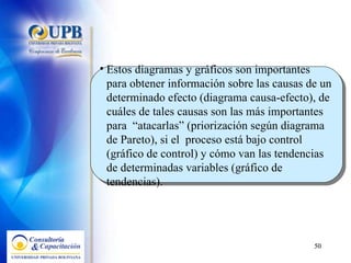 Estos diagramas y gráficos son importantes  para obtener información sobre las causas de un determinado efecto (diagrama causa-efecto), de cuáles de tales causas son las más importantes para  “atacarlas” (priorización según diagrama de Pareto), si el  proceso está bajo control (gráfico de control) y cómo van las tendencias de determinadas variables (gráfico de tendencias). 