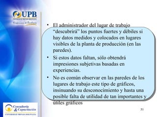 El administrador del lugar de trabajo “descubrirá” los puntos fuertes y débiles si hay datos medidos y colocados en lugares visibles de la planta de producción (en las paredes).  Si estos datos faltan, sólo obtendrá impresiones subjetivas basadas en experiencias.  No es común observar en las paredes de los lugares de trabajo este tipo de gráficos, insinuando su desconocimiento y hasta una posible falta de utilidad de tan importantes y útiles gráficos 