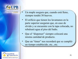 Un maple asegura que, cuando está lleno, siempre tendrá 30 huevos.  El orificio que tienen los lavamanos en la parte superior aseguran que, en caso de olvido y se encuentre con la tapa colocada, no rebalsará agua al piso del baño. Que el “dispenser” siempre colocará una misma cantidad de producto. Que un “timer” nos recordará que se cumplió un tiempo establecido, etc., etc.  