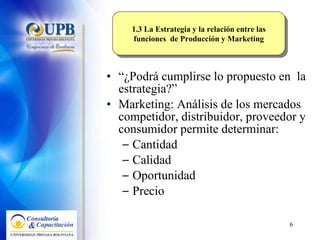 “ ¿Podrá cumplirse lo propuesto en  la estrategia?”  Marketing: Análisis de los mercados competidor, distribuidor, proveedor y consumidor permite determinar: Cantidad Calidad Oportunidad Precio 1.3 La Estrategia y la relación entre las funciones  de Producción y Marketing 