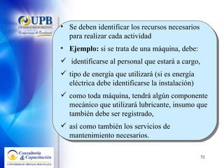 Se deben identificar los recursos necesarios para realizar cada actividad Ejemplo:  si se trata de una máquina, debe: identificarse al personal que estará a cargo,  tipo de energía que utilizará (si es energía eléctrica debe identificarse la instalación) como toda máquina, tendrá algún componente mecánico que utilizará lubricante, insumo que también debe ser registrado,  así como también los servicios de mantenimiento necesarios.  