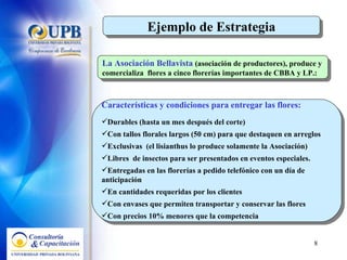 Ejemplo de Estrategia La Asociación Bellavista  (asociación de productores), produce y comercializa  flores a cinco florerías importantes de CBBA y LP.: Características y condiciones para entregar las flores: Durables (hasta un mes después del corte) Con tallos florales largos (50 cm) para que destaquen en arreglos Exclusivas  (el lisianthus lo produce solamente la Asociación) Libres  de insectos para ser presentados en eventos especiales. Entregadas en las florerías a pedido telefónico con un día de anticipación En cantidades requeridas por los clientes Con envases que permiten transportar y conservar las flores Con precios 10% menores que la competencia 