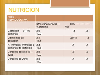 NUTRICION
FASE
REPRODUCTIVA
EM: MEGACAL/kg --
%proteína
ca%-------------------
%p
Gestación 0—16
semanas
2.0
10.2
.3 .3
Ultimo mes de
gestación
2.1
11.1
.39(4) .3
H. Primalas. Primeras 6
semanas de lactancia
2.3
13.5
.4 .4
Corderos destete 16—
12kg
2.9
19.0
.8 .6
Corderos de 20kg 2.5
17.0
.4 .4
 