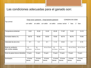 Las condiciones adecuadas para el ganado son:
Oveja vacía / gestación Oveja lactante/ gestación CORDERO EN CEBO
Tipo animal
con vellón sin vellón con vellón sin vellón cordero lechal 1° fase 2° fase
Temperatura ambiental 6-22 18-30 12-20 20-28 17-20* 15-20 10-18
Humedad relativa (%) 60-70 55-65 50-60 70-80 65-75 60-70 70-80
Velocidad de aire (m/s) 0-1 1-2 0-1 1-1,5 0-0,5 0-1 0-15
Nivel de ventilación
MS/ HORA/ ANIMAL
66
m3/hora
66
m3/hora
66 m3/hora 66
m3/hora
66
m3/hora
66 m3/hora 66 m3/hora
Nivel de gases tóxicos tolerables 10 ppm 10 ppm 10 ppm 10 ppm 10 ppm 10 ppm 10 ppm
Iluminación. 8 horas
diarias.
8 horas
diarias.
8 horas
diarias.
8 horas
diarias.
8 horas
diarias.
8 horas
diarias.
8 horas
diarias.
 