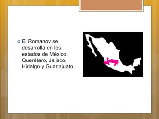  El Romanov se
desarrolla en los
estados de México,
Querétaro, Jalisco,
Hidalgo y Guanajuato.
 