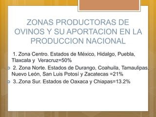 ZONAS PRODUCTORAS DE
OVINOS Y SU APORTACION EN LA
PRODUCCION NACIONAL
1. Zona Centro. Estados de México, Hidalgo, Puebla,
Tlaxcala y Veracruz=50%
 2. Zona Norte. Estados de Durango, Coahuila, Tamaulipas,
Nuevo León, San Luis Potosí y Zacatecas =21%
 3..Zona Sur. Estados de Oaxaca y Chiapas=13.2%
 