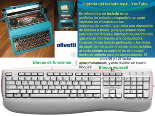 historia del teclado.mp4 - YouTube
                       www.youtube.com/watch?v=yWSEY2Bc8R4
                      En informática un teclado es un
                      periférico de entrada o dispositivo, en parte
                      inspirado en el teclado de las
                      máquinas de escribir, que utiliza una disposición
                      de botones o teclas, para que actúen como
                      palancas mecánicas o interruptores electrónicos
                      que envían información a la computadora.
                      Después de las tarjetas perforadas y las cintas
                      de papel, la interacción a través de los teclados
                      al estilo teletipo se convirtió en el principal
                      medio de entrada para las computadoras. El
                      teclado tiene entre 99 y 127 teclas
Bloque de funciones   aproximadamente, y está dividido en cuatro
                      bloques:        Bloque especial
 