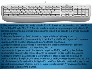 1. Bloque de funciones: Va desde la tecla F1 a F12, en tres bloques de cuatro: de F1 a
F4, de F5 a F8 y de F9 a F12. Funcionan de acuerdo al programa que esté abierto. Por
ejemplo, en muchos programas al presionar la tecla F1 se accede a la ayuda asociada
a ese programa.
2. Bloque alfanumérico: Está ubicado en la parte inferior del bloque de
funciones, contiene los números arábigos del 1 al 0 y el alfabeto organizado como en
una máquina de escribir, además de algunas teclas especiales.
3. Bloque especial: Está ubicado a la derecha del bloque alfanumérico, contiene
algunas teclas especiales como ImprPant, Bloq de
desplazamiento, pausa, inicio, fin, insertar, suprimir, RePág, AvPág, y las flechas
direccionales que permiten mover el punto de inserción en las cuatro direcciones.
4. Bloque numérico: Está ubicado a la derecha del bloque especial, se activa al
presionar la tecla Bloq Num, contiene los números arábigos organizados como en una
calculadora con el fin de facilitar la digitación de cifras. Además contiene los signos de
las cuatro operaciones básicas: suma +, resta -, multiplicación * y división /; también
contiene una tecla de Intro o Enter.
 