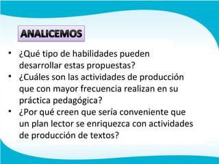 • ¿Qué tipo de habilidades pueden
desarrollar estas propuestas?
• ¿Cuáles son las actividades de producción
que con mayor frecuencia realizan en su
práctica pedagógica?
• ¿Por qué creen que sería conveniente que
un plan lector se enriquezca con actividades
de producción de textos?