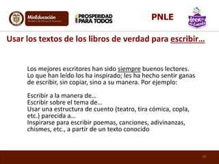 Los mejores escritores han sido siempre buenos lectores.
Lo que han leído los ha inspirado; les ha hecho sentir ganas
de escribir, sin copiar, sino a su manera. Por ejemplo:
Escribir a la manera de…
Escribir sobre el tema de…
Usar una estructura de cuento (teatro, tira cómica, copla,
etc.) parecida a…
Inspirarse para escribir poemas, canciones, adivinanzas,
chismes, etc., a partir de un texto conocido
Usar los textos de los libros de verdad para escribir…
18
PNLE
 