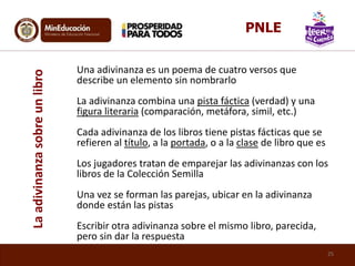 Una adivinanza es un poema de cuatro versos que
describe un elemento sin nombrarlo
La adivinanza combina una pista fáctica (verdad) y una
figura literaria (comparación, metáfora, simil, etc.)
Cada adivinanza de los libros tiene pistas fácticas que se
refieren al título, a la portada, o a la clase de libro que es
Los jugadores tratan de emparejar las adivinanzas con los
libros de la Colección Semilla
Una vez se forman las parejas, ubicar en la adivinanza
donde están las pistas
Escribir otra adivinanza sobre el mismo libro, parecida,
pero sin dar la respuesta
Laadivinanzasobreunlibro
25
PNLE
 