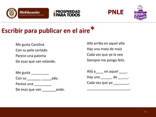 Escribir para publicar en el aire*
Me gusta Carolina
Con su pelo cortado
Parece una paloma
De esas que van volando.
Me gusta _________
Con su _______ _____ado.
Parece una _________
De esas que van _______ando.
Allá arriba en aquel alto
Hay una mata de maíz
Cada vez que yo la veo
Siempre me pongo feliz.
Allá a____ en aquel ____.
Hay una ______ de _____.
Cada vez que yo ________.
______________________.
33
PNLE
 
