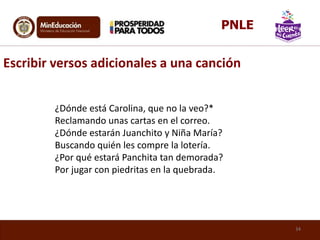 ¿Dónde está Carolina, que no la veo?*
Reclamando unas cartas en el correo.
¿Dónde estarán Juanchito y Niña María?
Buscando quién les compre la lotería.
¿Por qué estará Panchita tan demorada?
Por jugar con piedritas en la quebrada.
Escribir versos adicionales a una canción
34
PNLE
 