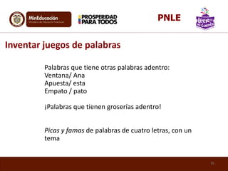Palabras que tiene otras palabras adentro:
Ventana/ Ana
Apuesta/ esta
Empato / pato
¡Palabras que tienen groserías adentro!
Picas y famas de palabras de cuatro letras, con un
tema
Inventar juegos de palabras
35
PNLE
 