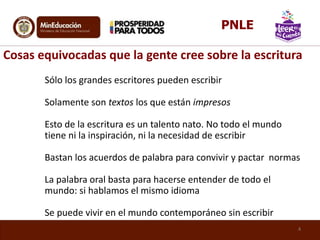 Sólo los grandes escritores pueden escribir
Solamente son textos los que están impresos
Esto de la escritura es un talento nato. No todo el mundo
tiene ni la inspiración, ni la necesidad de escribir
Bastan los acuerdos de palabra para convivir y pactar normas
La palabra oral basta para hacerse entender de todo el
mundo: si hablamos el mismo idioma
Se puede vivir en el mundo contemporáneo sin escribir
Cosas equivocadas que la gente cree sobre la escritura
4
PNLE
 