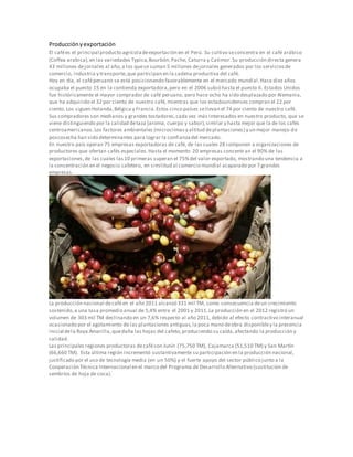Producciónyexportación
El cafées el principal producto agrícoladeexportación en el Perú. Su cultivo seconcentra en el café arábico
(Coffea arabica),en las variedades Typica,Bourbón,Pache, Caturra y Catimor.Su producción directa genera
43 millones dejornales al año,a los quese suman 5 millones dejornales generados por los serviciosde
comercio, industria y transporte,que participan en la cadena productiva del café.
Hoy en día, el caféperuano se está posicionando favorablemente en el mercado mundial.Hace diez años
ocupaba el puesto 15 en la contienda exportadora,pero en el 2006 subió hasta el puesto 6. Estados Unidos
fue históricamente el mayor comprador de café peruano, pero hace ocho ha sido desplazado por Alemania,
que ha adquirido el 32 por ciento de nuestro café, mientras que los estadounidenses compran el 22 por
ciento. Los siguen Holanda,Bélgica y Francia.Estos cinco países sellevan el 74 por ciento de nuestro café.
Sus compradores son medianos y grandes tostadores,cada vez más interesados en nuestro producto, que se
viene distinguiendo por la calidad detaza (aroma, cuerpo y sabor),similar y hasta mejor que la de los cafés
centroamericanos.Los factores ambientales (microclimasy altitud deplantaciones) y un mejor manejo de
poscosecha han sido determinantes para lograr la confianzadel mercado.
En nuestro país operan 75 empresas exportadoras de café, de las cuales 28 componen a organizaciones de
productores que ofertan cafés especiales.Hasta el momento 20 empresas concentran el 90% de las
exportaciones,de las cuales las10 primeras superan el 75%del valor exportado, mostrando una tendencia a
la concentración en el negocio cafetero, en similitud al comercio mundial acaparado por 7 grandes
empresas.
La producción nacional decaféen el año 2011 alcanzó 331 mil TM, como consecuencia deun crecimiento
sostenido,a una tasa promedio anual de 5,4% entre el 2001 y 2011.La producción en el 2012 registró un
volumen de 303 mil TM declinando en un 7,6% respecto al año 2011, debido al efecto contractivo interanual
ocasionado por el agotamiento de las plantaciones antiguas,la poca mano deobra disponibley la presencia
inicial dela Roya Amarilla,quedaña las hojas del cafeto,produciendo su caída,afectando la producción y
calidad.
Las principales regiones productoras decaféson Junín (75,750 TM), Cajamarca (51,510 TM) y San Martín
(66,660 TM). Esta última región incrementó sustantivamente su participación en la producción nacional,
justificado por el uso de tecnología media (en un 50%) y el fuerte apoyo del sector público junto a la
Cooperación Técnica Internacional en el marco del Programa de Desarrollo Alternativo (sustitución de
sembríos de hoja de coca).
 