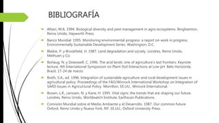 BIBLIOGRAFÍA
 Altieri, M.A. 1994. Biological diversity and pest management in agro-ecosystems. Binghamton,
Reino Unido, Hayworth Press.
 Banco Mundial. 1995. Monitoring environmental progress: a report on work in progress.
Environmentally Sustainable Development Series. Washington, D.C.
 Blaikie, P. y Brookfield, H. 1987. Land degradation and society. Londres, Reino Unido,
Methuen y Co.
 Borlaug, N. y Dowswell, C. 1996. The acid lands: one of agriculture’s last frontiers. Keynote
lecture, 4th International Symposium on Plant-Soil Interactions at Low pH. Belo Horizonte,
Brazil, 17-24 de marzo.
 Breth, S.A., ed. 1996. Integration of sustainable agriculture and rural development issues in
agricultural policy. Proceedings of the FAO/Winrock International Workshop on Integration of
SARD Issues in Agricul.tural Policy. Morrilton, EE.UU., Winrock International.
 Brown, L.R., Lenssen, N. y Kane, H. 1995. Vital signs: the trends that are shaping our future.
Londres, Reino Unido, Worldwatch Institute, Earthscan Publications.
 Comisión Mundial sobre el Medio Ambiente y el Desarrollo. 1987. Our common future.
Oxford, Reino Unido y Nueva York, NY. EE.UU., Oxford University Press.
 