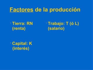 Factores  de la producción · Tierra: RN (renta) · Trabajo: T (ó L) (salario) · Capital: K (interés) 