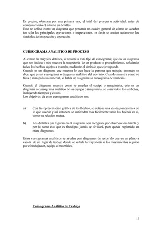Es preciso, observar por una primera vez, el total del proceso o actividad, antes de
comenzar todo el estudio en detalles.
Esto se define como un diagrama que presenta un cuadro general de cómo se suceden
tan solo las principales operaciones e inspecciones, es decir se anotan solamente los
simbolos de inspección y operación.



CURSOGRAMA ANALITICO DE PROCESO

Al entrar en mayores detalles, se recurre a este tipo de cursograma; que es un diagrama
que nos indica o nos muestra la trayectoria de un producto o procedimiento, señalando
todos los hechos sujetos a examén, mediante el simbolo que corresponde.
Cuando es un diagrama que muestra lo que hace la persona que trabaja, entonces se
dice, que es un cursograma o diagrama analitico del operario. Cuando muestra como se
trata o manipula un material, se habla de diagramas o cursograma del material.

Cuando el diagrama muestra como se emplea el equipo o maquinaria, este es un
diagrama o cursograma analitico de un equipo o maquinaria, se usan todos los simbolos,
incluyendo tiempos y costos.
Los objetivos de estos cursogramas analiticos son:


a)     Con la representación gráfica de los hechos, se obtiene una visión panoramica de
       lo que sucede y así entonces se entienden más facilmente tanto los hechos en si,
       como su relación mutua.

b)     Los detalles que figuran en el diagrama son recogidos por observación directa y
       por lo tanto esto que es finedigno jamás se olvidará, pues queda registrado en
       estos diagramas.

Estos cursogramas analiticos se ayudan con diagramas de recorrido que es un plano a
escala de un lugar de trabajo donde se señala la trayectoria o los movimientos seguido
por el trabajador, equipo o materiales.




       Cursograma Análitico de Trabajo


                                                                                     12
 