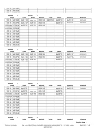 7.55.00 PM 8.40.00 PM
8.45.00 PM 9.30.00 PM
9.35.00 PM 10.20.00 PM
Lunes Miercoles Jueves ViernesMartesBloque ProfesoresAsignatura
Semestre: 2 Sección: 1
INP233 L103 INP244 L102 INP226 L1037.00.00 AM LILIANA PEREZINP226 L103INP205 K-1097.45.00 AM
INP244 L301 INP233 L103 INP244 L102 INP226 L1037.50.00 AM ERIK CASERESINP244 L102INP205 K-1098.35.00 AM
INP244 L301 INP233 L103 INP205 L1038.40.00 AM ERIK CASERESINP244 L301INP205 K-1099.25.00 AM
INP212 L301 INP226 L103 INP205 L1039.35.00 AM INP226 L10310.20.00 AM
INP212 L301 INP226 L10310.25.00 AM INP226 L10311.10.00 AM
11.15.00 AM 12.00.00 PM
12.10.00 PM 12.55.00 PM
1.10.00 PM 1.55.00 PM
2.00.00 PM 2.45.00 PM
2.50.00 PM 3.35.00 PM
3.40.00 PM 4.25.00 PM
4.30.00 PM 5.15.00 PM
5.20.00 PM 6.05.00 PM
6.15.00 PM 7.00.00 PM
7.05.00 PM 7.50.00 PM
7.55.00 PM 8.40.00 PM
8.45.00 PM 9.30.00 PM
9.35.00 PM 10.20.00 PM
Lunes Miercoles Jueves ViernesMartesBloque ProfesoresAsignatura
Semestre: 2 Sección: 2
INP205 L401 INP226 L401 INP233 L4017.00.00 AM ADRIANA ARAUJOINP226 K-202INP226 K-2027.45.00 AM
INP205 L401 INP226 L401 INP233 L4017.50.00 AM ADRIANA ARAUJOINP226 L401INP226 K-2028.35.00 AM
INP205 L401 INP205 L401 INP233 L4018.40.00 AM ERIK CASERESINP244 L401INP212 K-2029.25.00 AM
INP244 L401 INP205 L401 INP226 L4019.35.00 AM ERIK CASERESINP244 K-202INP212 K-20210.20.00 AM
INP244 L401 INP226 L40110.25.00 AM INP244 K-20211.10.00 AM
11.15.00 AM INP244 K-20212.00.00 PM
12.10.00 PM 12.55.00 PM
1.10.00 PM 1.55.00 PM
2.00.00 PM 2.45.00 PM
2.50.00 PM 3.35.00 PM
3.40.00 PM 4.25.00 PM
4.30.00 PM 5.15.00 PM
5.20.00 PM 6.05.00 PM
6.15.00 PM 7.00.00 PM
7.05.00 PM 7.50.00 PM
7.55.00 PM 8.40.00 PM
8.45.00 PM 9.30.00 PM
9.35.00 PM 10.20.00 PM
Lunes Miercoles Jueves ViernesMartesBloque ProfesoresAsignatura
Semestre: 2 Sección: 3
INP226 L1027.00.00 AM LUIS MORENOINP226 L102INP212 L3027.45.00 AM
INP226 L102 INP226 L3027.50.00 AM LUIS MORENOINP226 L302INP212 L3028.35.00 AM
INP244 L102 INP226 L3028.40.00 AM INP226 L3029.25.00 AM
INP205 L203 INP244 L102 INP233 L3029.35.00 AM INP226 L30210.20.00 AM
INP205 L203 INP205 L203 INP233 L30210.25.00 AM INP244 L30211.10.00 AM
INP205 L203 INP205 L203 INP233 L30211.15.00 AM INP244 L30212.00.00 PM
12.10.00 PM 12.55.00 PM
1.10.00 PM 1.55.00 PM
2.00.00 PM 2.45.00 PM
2.50.00 PM 3.35.00 PM
3.40.00 PM 4.25.00 PM
4.30.00 PM 5.15.00 PM
5.20.00 PM 6.05.00 PM
6.15.00 PM 7.00.00 PM
7.05.00 PM 7.50.00 PM
7.55.00 PM 8.40.00 PM
8.45.00 PM 9.30.00 PM
9.35.00 PM 10.20.00 PM
Lunes Miercoles Jueves ViernesMartesBloque ProfesoresAsignatura
Semestre: 2 Sección: 4
25/04/2013 11.48
Pagina 3 de 11
Sistema Cumlaude AV. LAS INDUSTRIAS. NUCLEO OBELISCO. BARQUISIMETO - ESTADO LARA.
02512591581
 