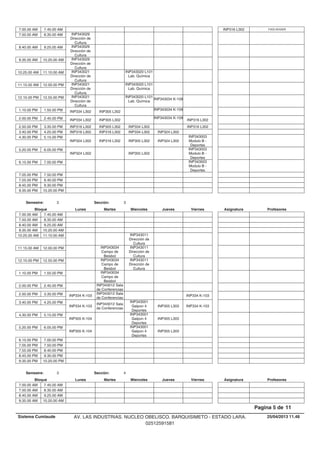 7.00.00 AM YVES NOGIERINP316 L3027.45.00 AM
7.50.00 AM INP343029
Dirección de
Cultura
8.35.00 AM
8.40.00 AM INP343029
Dirección de
Cultura
9.25.00 AM
9.35.00 AM INP343029
Dirección de
Cultura
10.20.00 AM
INP343020 L101
Lab. Química
10.25.00 AM INP343021
Dirección de
Cultura
11.10.00 AM
INP343020 L101
Lab. Química
11.15.00 AM INP343021
Dirección de
Cultura
12.00.00 PM
INP343020 L101
Lab. Química
INP343034 K-10912.10.00 PM INP343021
Dirección de
Cultura
12.55.00 PM
INP305 L302
INP343034 K-1091.10.00 PM INP334 L3021.55.00 PM
INP305 L302
INP343034 K-109
INP316 L3022.00.00 PM INP334 L3022.45.00 PM
INP305 L302 INP334 L302 INP316 L3022.50.00 PM INP316 L3023.35.00 PM
INP316 L302 INP334 L302 INP324 L3023.40.00 PM INP316 L3024.25.00 PM
INP316 L302 INP305 L302 INP324 L302
INP343003
Modulo B -
Deportes
4.30.00 PM
INP324 L302
5.15.00 PM
INP305 L302
INP343003
Modulo B -
Deportes
5.20.00 PM
INP324 L302
6.05.00 PM
INP343003
Modulo B -
Deportes
6.15.00 PM 7.00.00 PM
7.05.00 PM 7.50.00 PM
7.55.00 PM 8.40.00 PM
8.45.00 PM 9.30.00 PM
9.35.00 PM 10.20.00 PM
Lunes Miercoles Jueves ViernesMartesBloque ProfesoresAsignatura
Semestre: 3 Sección: 3
7.00.00 AM 7.45.00 AM
7.50.00 AM 8.35.00 AM
8.40.00 AM 9.25.00 AM
9.35.00 AM 10.20.00 AM
INP343011
Dirección de
Cultura
10.25.00 AM 11.10.00 AM
INP343034
Campo de
Beisbol
INP343011
Dirección de
Cultura
11.15.00 AM 12.00.00 PM
INP343034
Campo de
Beisbol
INP343011
Dirección de
Cultura
12.10.00 PM 12.55.00 PM
INP343034
Campo de
Beisbol
1.10.00 PM 1.55.00 PM
INP343012 Sala
de Conferencias
2.00.00 PM 2.45.00 PM
INP343012 Sala
de Conferencias
INP334 K-1032.50.00 PM INP334 K-1033.35.00 PM
INP343012 Sala
de Conferencias
INP343001
Galpon 4
Deportes
INP305 L303 INP334 K-103
3.40.00 PM
INP334 K-103
4.25.00 PM
INP343001
Galpon 4
Deportes
INP305 L303
4.30.00 PM
INP305 K-104
5.15.00 PM
INP343001
Galpon 4
Deportes
INP305 L303
5.20.00 PM
INP305 K-104
6.05.00 PM
6.15.00 PM 7.00.00 PM
7.05.00 PM 7.50.00 PM
7.55.00 PM 8.40.00 PM
8.45.00 PM 9.30.00 PM
9.35.00 PM 10.20.00 PM
Lunes Miercoles Jueves ViernesMartesBloque ProfesoresAsignatura
Semestre: 3 Sección: 4
7.00.00 AM 7.45.00 AM
7.50.00 AM 8.35.00 AM
8.40.00 AM 9.25.00 AM
9.35.00 AM 10.20.00 AM
25/04/2013 11.48
Pagina 5 de 11
Sistema Cumlaude AV. LAS INDUSTRIAS. NUCLEO OBELISCO. BARQUISIMETO - ESTADO LARA.
02512591581
 