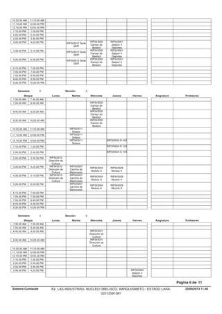 10.25.00 AM 11.10.00 AM
11.15.00 AM 12.00.00 PM
12.10.00 PM 12.55.00 PM
1.10.00 PM 1.55.00 PM
2.00.00 PM 2.45.00 PM
2.50.00 PM 3.35.00 PM
INP343013 Sede
GER
INP343002
Campo de
Beisbol
INP343001
Galpon 4
Deportes
3.40.00 PM 4.25.00 PM
INP343013 Sede
GER
INP343002
Campo de
Beisbol
INP343001
Galpon 4
Deportes
4.30.00 PM 5.15.00 PM
INP343013 Sede
GER
INP343002
Campo de
Beisbol
INP343001
Galpon 4
Deportes
5.20.00 PM 6.05.00 PM
6.15.00 PM 7.00.00 PM
7.05.00 PM 7.50.00 PM
7.55.00 PM 8.40.00 PM
8.45.00 PM 9.30.00 PM
9.35.00 PM 10.20.00 PM
Lunes Miercoles Jueves ViernesMartesBloque ProfesoresAsignatura
Semestre: 3 Sección: 5
7.00.00 AM 7.45.00 AM
INP343002
Campo de
Beisbol
7.50.00 AM 8.35.00 AM
INP343002
Campo de
Beisbol
8.40.00 AM 9.25.00 AM
INP343002
Campo de
Beisbol
9.35.00 AM 10.20.00 AM
INP343011
Sotano
10.25.00 AM 11.10.00 AM
INP343011
Sotano
11.15.00 AM 12.00.00 PM
INP343011
Sotano
INP343024 K-10312.10.00 PM 12.55.00 PM
INP343024 K-1031.10.00 PM 1.55.00 PM
INP343024 K-1032.00.00 PM 2.45.00 PM
2.50.00 PM INP343010
Dirección de
Cultura
3.35.00 PM
INP343007
Cancha de
Baloncesto
INP343004
Modulo A
INP343028
Modulo A
3.40.00 PM INP343010
Dirección de
Cultura
4.25.00 PM
INP343007
Cancha de
Baloncesto
INP343004
Modulo A
INP343028
Modulo A
4.30.00 PM INP343010
Dirección de
Cultura
5.15.00 PM
INP343007
Cancha de
Baloncesto
INP343004
Modulo A
INP343028
Modulo A
5.20.00 PM 6.05.00 PM
6.15.00 PM 7.00.00 PM
7.05.00 PM 7.50.00 PM
7.55.00 PM 8.40.00 PM
8.45.00 PM 9.30.00 PM
9.35.00 PM 10.20.00 PM
Lunes Miercoles Jueves ViernesMartesBloque ProfesoresAsignatura
Semestre: 3 Sección: 6
7.00.00 AM 7.45.00 AM
7.50.00 AM 8.35.00 AM
INP343031
Dirección de
Cultura
8.40.00 AM 9.25.00 AM
INP343031
Dirección de
Cultura
9.35.00 AM 10.20.00 AM
10.25.00 AM 11.10.00 AM
11.15.00 AM 12.00.00 PM
12.10.00 PM 12.55.00 PM
1.10.00 PM 1.55.00 PM
2.00.00 PM 2.45.00 PM
2.50.00 PM 3.35.00 PM
INP343004
Galpon 4
Deportes
3.40.00 PM 4.25.00 PM
25/04/2013 11.48
Pagina 6 de 11
Sistema Cumlaude AV. LAS INDUSTRIAS. NUCLEO OBELISCO. BARQUISIMETO - ESTADO LARA.
02512591581
 