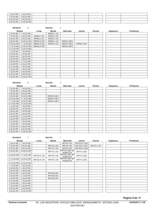 7.05.00 PM 7.50.00 PM
7.55.00 PM 8.40.00 PM
8.45.00 PM 9.30.00 PM
9.35.00 PM 10.20.00 PM
Lunes Miercoles Jueves ViernesMartesBloque ProfesoresAsignatura
Semestre: 6 Sección: 2
INP625 L1037.00.00 AM 7.45.00 AM
INP625 L1037.50.00 AM INP625 L1028.35.00 AM
INP625 L1038.40.00 AM INP625 L1029.25.00 AM
INP603 L103 INP643 LAB 29.35.00 AM INP633 K-20310.20.00 AM
INP603 L103 INP643 LAB 2 INP603 L20310.25.00 AM INP633 K-20311.10.00 AM
INP643 LAB 211.15.00 AM INP633 K-20312.00.00 PM
12.10.00 PM 12.55.00 PM
1.10.00 PM 1.55.00 PM
2.00.00 PM 2.45.00 PM
2.50.00 PM 3.35.00 PM
3.40.00 PM 4.25.00 PM
4.30.00 PM 5.15.00 PM
5.20.00 PM 6.05.00 PM
6.15.00 PM 7.00.00 PM
7.05.00 PM 7.50.00 PM
7.55.00 PM 8.40.00 PM
8.45.00 PM 9.30.00 PM
9.35.00 PM 10.20.00 PM
Lunes Miercoles Jueves ViernesMartesBloque ProfesoresAsignatura
Semestre: 6 Sección: 3
7.00.00 AM 7.45.00 AM
7.50.00 AM 8.35.00 AM
8.40.00 AM 9.25.00 AM
INP643 LAB 29.35.00 AM 10.20.00 AM
INP643 LAB 210.25.00 AM 11.10.00 AM
INP643 LAB 211.15.00 AM 12.00.00 PM
12.10.00 PM 12.55.00 PM
1.10.00 PM 1.55.00 PM
2.00.00 PM 2.45.00 PM
2.50.00 PM 3.35.00 PM
3.40.00 PM 4.25.00 PM
4.30.00 PM 5.15.00 PM
5.20.00 PM 6.05.00 PM
6.15.00 PM 7.00.00 PM
7.05.00 PM 7.50.00 PM
7.55.00 PM 8.40.00 PM
8.45.00 PM 9.30.00 PM
9.35.00 PM 10.20.00 PM
Lunes Miercoles Jueves ViernesMartesBloque ProfesoresAsignatura
Semestre: 7 Sección: 1
INP703 L301 INP-ED13 L3037.00.00 AM 7.45.00 AM
INP723 L303 INP703 L301 INP-ED13 L303 INP743 L1027.50.00 AM 8.35.00 AM
INP715 L102 INP703 L301 INP-ED13 L3038.40.00 AM 9.25.00 AM
INP715 L102
INP733 LAB. DE
ROBOTICA
INP715 L3039.35.00 AM 10.20.00 AM
INP743 L102
INP733 LAB. DE
ROBOTICA
INP715 L30310.25.00 AM INP723 K-10311.10.00 AM
INP743 L102
INP733 LAB. DE
ROBOTICA
INP715 L30311.15.00 AM INP723 K-10312.00.00 PM
12.10.00 PM 12.55.00 PM
1.10.00 PM 1.55.00 PM
2.00.00 PM 2.45.00 PM
2.50.00 PM 3.35.00 PM
INP-EI23 B-63.40.00 PM 4.25.00 PM
INP-EI23 B-64.30.00 PM 5.15.00 PM
INP-EI23 B-65.20.00 PM 6.05.00 PM
6.15.00 PM 7.00.00 PM
7.05.00 PM 7.50.00 PM
7.55.00 PM 8.40.00 PM
8.45.00 PM 9.30.00 PM
9.35.00 PM 10.20.00 PM
25/04/2013 11.48
Pagina 9 de 11
Sistema Cumlaude AV. LAS INDUSTRIAS. NUCLEO OBELISCO. BARQUISIMETO - ESTADO LARA.
02512591581
 