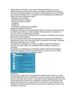 sistema técnico-productivo, cuyo máximo exponente tiene que ver con el
aseguramiento de un flujo que se dirige a suministrar al cliente los productos y
servicios demandados teniendo en cuenta su solicitud desde el mismo momento
que surge la necesidad, eso sí, cumpliendo con los estándares de calidad y los
costes que se está dispuesto a pagar.
· Recepción de suministros.
· Aprovisionamiento y compras.
· Transporte externo e interno.
· Transporte.
· Distribución.
· Tratamiento y atención de los pedidos.
Diagrama de flujo de operación
El diagrama de flujo es una representación gráfica de la secuencia de pasos qué
se realizan para obtener un cierto resultado. Este puede ser un producto o un
servicio, o bien una combinación de ambos
Nos ayuda a comprender el trabajo como un proceso y a identificar en qué parte
del proceso está el problema.
Es muy importante comprender que cada paso en el proceso crea relaciones o
dependencias entre unos y otros para lograr la realización del trabajo. Cada paso
del proceso depende en uno o varios
proveedores de materiales o servicios y en algunos casos de información o
recursos, los cuales deben ser: confiables, libres de defectos, oportunos y
completos.
Es también muy importante que el diagrama de flujo sobre el que se haga el
análisis de cualquier proceso se encuentre al día, ya que si no es así puede
desvirtuar la identificación de problemas reales.
Know How
El Know How o saber hacer, nos presenta la dualidad entre el saber, que parte
fundamentalmente de los conocimientos, y el hacer, la ejecución, la aplicación de
esos conocimiento para la acción, en la mayoría de las organizaciones esta acción
es principalmente la solución de un problema; hasta ahora, el Know How se ha
tratado informalmente, se maneja de forma inconsciente, cada individuo en las
organizaciones tiene Know How que no comunica a los demás por lo tanto no se
enriquece ni evoluciona.
 