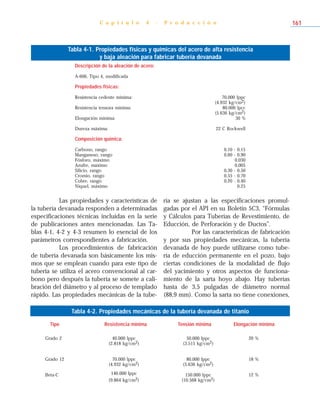Tabla 4-2. Propiedades mecánicas de la tubería devanada de titanio
Las propiedades y características de
la tubería devanada responden a determinadas
especificaciones técnicas incluidas en la serie
de publicaciones antes mencionadas. Las Ta-
blas 4-1, 4-2 y 4-3 resumen lo esencial de los
parámetros correspondientes a fabricación.
Los procedimientos de fabricación
de tubería devanada son básicamente los mis-
mos que se emplean cuando para este tipo de
tubería se utiliza el acero convencional al car-
bono pero después la tubería se somete a cali-
bración del diámetro y al proceso de templado
rápido. Las propiedades mecánicas de la tube-
ría se ajustan a las especificaciones promul-
gadas por el API en su Boletín 5C3, “Fórmulas
y Cálculos para Tuberías de Revestimiento, de
Educción, de Perforación y de Ductos”.
Por las características de fabricación
y por sus propiedades mecánicas, la tubería
devanada de hoy puede utilizarse como tube-
ría de educción permanente en el pozo, bajo
ciertas condiciones de la modalidad de flujo
del yacimiento y otros aspectos de funciona-
miento de la sarta hoyo abajo. Hay tuberías
hasta de 3,5 pulgadas de diámetro normal
(88,9 mm). Como la sarta no tiene conexiones,
C a p í t u l o 4 - P r o d u c c i ó n 161
Tabla 4-1. Propiedades físicas y químicas del acero de alta resistencia
y baja aleación para fabricar tubería devanada
Descripción de la aleación de acero:
A-606, Tipo 4, modificada
Propiedades físicas:
Resistencia cedente mínima: 70.000 lppc
(4.932 kg/cm2)
Resistencia tensora mínima: 80.000 lpcc
(5.636 kg/cm2)
Elongación mínima: 30 %
Dureza máxima: 22 C Rockwell
Composición química:
Carbono, rango 0,10 - 0,15
Manganeso, rango 0,60 - 0,90
Fósforo, máximo 0,030
Azufre, máximo 0,005
Silicio, rango 0,30 - 0,50
Cromio, rango 0,55 - 0,70
Cobre, rango 0,20 - 0,40
Níquel, máximo 0,25
Grado 2 40.000 lppc 50.000 lppc 20 %
(2.818 kg/cm2) (3.515 kg/cm2)
Grado 12 70.000 lppc 80.000 lppc 18 %
(4.932 kg/cm2) (5.636 kg/cm2)
Beta-C 140.000 lppc 150.000 lppc 12 %
(9.864 kg/cm2) (10.568 kg/cm2)
Tipo Resistencia mínima Tensión mínima Elongación mínima
 