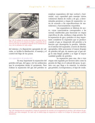 del sistema y la disposición apropiada de vál-
vulas, se facilita la distribución, el manejo y el
control del flujo de los pozos.
Los separadores de producción
Es muy importante la separación del
petróleo del gas, del agua y de los sedimentos
que lo acompañan desde el yacimiento. Para
realizar la separación del gas del petróleo se
emplean separadores del tipo vertical y hori-
zontal, cuya capacidad para manejar ciertos
volúmenes diarios de crudo y de gas, a deter-
minadas presiones y etapas de separación, va-
ría de acuerdo a las especificaciones de ma-
nufactura y funcionamiento requeridos.
Los separadores se fabrican de ace-
ro, cuyas características corresponden a las
normas establecidas para funcionar en etapas
específicas de alta, mediana o baja presión. En
la separación de gas y petróleo es muy impor-
tante considerar la expansión que se produce
cuando el gas se desprende del petróleo y la
función que desempeña la presión. Además,
en el interior del separador, a través de diseños
apropiados, debe procurarse el mayor despojo
de petróleo del gas, de manera que el gas sal-
ga lo más limpio posible y se logre la mayor
cantidad posible de petróleo.
La separación para una, dos o tres
etapas está regulada por factores tales como la
presión de flujo en el cabezal del pozo, la pre-
sión con que llega a la estación, la relación
gas-petróleo, la temperatura y el tipo de crudo.
C a p í t u l o 4 - P r o d u c c i ó n 177
Fig. 4-38. El múltiple de producción facilita el manejo del cau-
dal de cada pozo en la estación de flujo y separación. El nú-
mero de este tipo de instalación depende de la cantidad de po-
zos y de la extensión de cada campo.
1° etapa 2° etapa 3° etapa
4° etapa
3° etapa
2° etapa1° etapa
2° etapa
gas
1° etapa
baja presión
gas gas gas
producción
delospozos
separador
35-100kg/cm
2
separador
7-35kg/cm
2
separador
7-35kg/cm
2
separador
0,7-5kg/cm
2
separador
0,7-5kg/cm
2
producción
delospozos
producción
delpozo
tanque
de
almacenaje
tanque
de
almacenaje
tanque
de
almacenaje
tanque
de
almacenaje
tanque
de
almacenaje
tanque
de
almacenaje
gas gas
Fig. 4-39. Instalaciones de separadores y etapas de separación de acuerdo con la magnitud de la presión y del volumen de gas-
petróleo que deba manejarse. En cada caso, la última etapa de separación se realiza en el tanque de almacenaje a presión
atmosférica.
 