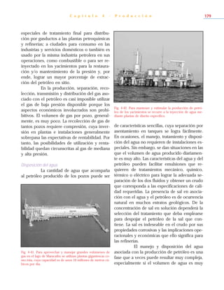 especiales de tratamiento final para distribu-
ción por gasductos a las plantas petroquímicas
y refinerías; a ciudades para consumo en las
industrias y servicios domésticos o también es
usado por la misma industria petrolera en sus
operaciones, como combustible o para ser re-
inyectado en los yacimientos para la restaura-
ción y/o mantenimiento de la presión y, por
ende, lograr un mayor porcentaje de extrac-
ción del petróleo en sitio.
En la producción, separación, reco-
lección, transmisión y distribución del gas aso-
ciado con el petróleo es casi imposible utilizar
el gas de baja presión disponible porque los
aspectos económicos involucrados son prohi-
bitivos. El volumen de gas por pozo, general-
mente, es muy poco. La recolección de gas de
tantos pozos requiere compresión, cuya inver-
sión en plantas e instalaciones generalmente
sobrepasa las expectativas de rentabilidad. Por
tanto, las posibilidades de utilización y renta-
bilidad quedan circunscritas al gas de mediana
y alta presión.
Disposición del agua
La cantidad de agua que acompaña
al petróleo producido de los pozos puede ser
de características sencillas, cuya separación por
asentamiento en tanques se logra fácilmente.
En ocasiones, el manejo, tratamiento y disposi-
ción del agua no requieren de instalaciones es-
peciales. Sin embargo, se dan situaciones en las
que el volumen de agua producido diariamen-
te es muy alto. Las características del agua y del
petróleo pueden facilitar emulsiones que re-
quieren de tratamientos mecánico, químico,
térmico o eléctrico para lograr la adecuada se-
paración de los dos fluidos y obtener un crudo
que corresponda a las especificaciones de cali-
dad requeridas. La presencia de sal en asocia-
ción con el agua y el petróleo es de ocurrencia
natural en muchos estratos geológicos. De la
concentración de sal en solución dependerá la
selección del tratamiento que deba emplearse
para despojar el petróleo de la sal que con-
tiene. La sal es indeseable en el crudo por sus
propiedades corrosivas y las implicaciones ope-
racionales y económicas que ello significa para
las refinerías.
El manejo y disposición del agua
asociada con la producción de petróleo es una
fase que a veces puede resultar muy compleja,
especialmente si el volumen de agua es muy
C a p í t u l o 4 - P r o d u c c i ó n 179
Fig. 4-41. Para aprovechar y manejar grandes volúmenes de
gas en el lago de Maracaibo se utilizan plantas gigantescas co-
mo ésta, cuya capacidad es de unos 10 millones de metros cú-
bicos por día.
Fig. 4-42. Para mantener y estimular la producción de petró-
leo de los yacimientos se recurre a la inyección de agua me-
diante plantas de diseño específico.
 