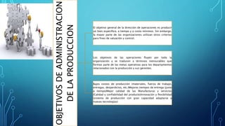 OBJETIVOSDEADMINISTRACION
DELAPRODUCCION
El objetivo general de la dirección de operaciones es producir
un bien específico, a tiempo y a costo mínimos. Sin embargo,
la mayor parte de las organizaciones utilizan otros criterios
para fines de valuación y control.
Los objetivos de las operaciones fluyen por toda la
organización y se traducen a términos mensurables que
forman parte de las metas operativas para los departamentos
relacionados con la producción y sus gerentes.
Bajos costos de producción (materiales, fuerza de trabajo,
entregas, desperdicios, etc.)Mejores tiempos de entrega (justo
a tiempo)Mejor calidad de las Manufacturas y servicios
(Calidad y confiabilidad del producto)Innovación y flexibilidad
(sistema de producción con gran capacidad adaptarse a
nuevas tecnologías)
 