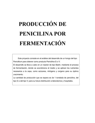 PRODUCCIÓN DE
PENICILINA POR
FERMENTACIÓN
Este proyecto consiste en el análisis del desarrollo de un hongo del tipo
Penicillium para obtener como producto Penicilina G o V.
El desarrollo se lleva a cabo en un reactor de tipo Batch, mediante el proceso
de fermentación, donde se acondiciona el medio y se aplican los nutrientes
necesarios a la cepa, como azúcares, nitrógeno y oxígeno para su óptimo
crecimiento.
La cantidad de producción que se espera es de 1 tonelada de penicilina, del
tipo G o del tipo V, para su futura distribución a laboratorios y hospitales.
 
