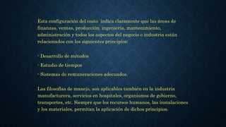 Esta configuración del costo indica claramente que las áreas de
finanzas, ventas, producción, ingeniería, mantenimiento,
administración y todos los aspectos del negocio o industria están
relacionados con los siguientes principios:
- Desarrollo de métodos
- Estudio de tiempos
- Sistemas de remuneraciones adecuados.
Las filosofías de manejo, son aplicables también en la industria
manufacturera, servicios en hospitales, organismos de gobierno,
transportes, etc. Siempre que los recursos humanos, las instalaciones
y los materiales, permitan la aplicación de dichos principios.
 