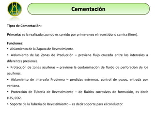 Cementación

Tipos de Cementación:

Primaria: es la realizada cuando es corrido por primera vez el revestidor o camisa (liner).

Funciones:
•· Aislamiento de la Zapata de Revestimiento.
•· Aislamiento de las Zonas de Producción – previene flujo cruzado entre los intervalos a
diferentes presiones.
•· Protección de zonas acuíferas – previene la contaminación de fluido de perforación de los
acuíferos.
•· Aislamiento de Intervalo Problema – perdidas extremas, control de pozos, entrada por
ventana.
•· Protección de Tubería de Revestimiento – de fluidos corrosivos de formación, es decir
H2S, CO2.
•· Soporte de la Tubería de Revestimiento – es decir soporte para el conductor.
 