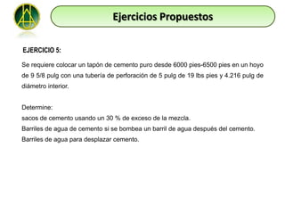 Ejercicios Propuestos

EJERCICIO 5:

Se requiere colocar un tapón de cemento puro desde 6000 pies-6500 pies en un hoyo
de 9 5/8 pulg con una tubería de perforación de 5 pulg de 19 lbs pies y 4.216 pulg de
diámetro interior.


Determine:
sacos de cemento usando un 30 % de exceso de la mezcla.
Barriles de agua de cemento si se bombea un barril de agua después del cemento.
Barriles de agua para desplazar cemento.
 