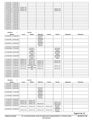 7.00.00 AM    7.45.00 AM
 7.50.00 AM    8.35.00 AM
 8.40.00 AM    9.25.00 AM
 9.35.00 AM   10.20.00 AM    INP205 L102
10.25.00 AM   11.10.00 AM    INP205 L102                                                   INP205 L302
11.15.00 AM   12.00.00 PM    INP205 L102                                                   INP205 L302
12.10.00 PM   12.55.00 PM
 1.10.00 PM    1.55.00 PM
 2.00.00 PM    2.45.00 PM
 2.50.00 PM    3.35.00 PM
 3.40.00 PM    4.25.00 PM
 4.30.00 PM    5.15.00 PM
 5.20.00 PM    6.05.00 PM
 6.15.00 PM    7.00.00 PM
 7.05.00 PM    7.50.00 PM
 7.55.00 PM    8.40.00 PM
 8.45.00 PM    9.30.00 PM
 9.35.00 PM   10.20.00 PM


    Semestre:         3                    Sección:        1
         Bloque                Lunes            Martes          Miercoles      Jueves        Viernes     Asignatura       Profesores
7.00.00 AM    7.45.00 AM                                       INP343002
                                                               Modulo B -
                                                                Deportes
7.50.00 AM      8.35.00 AM                                     INP343002
                                                               Modulo B -
                                                                Deportes
8.40.00 AM      9.25.00 AM                                     INP343002
                                                               Modulo B -
                                                                Deportes
 9.35.00 AM   10.20.00 AM
10.25.00 AM   11.10.00 AM                     INP343011                                    INP343006
                                              Dirección de                                 Mezzanina-
                                                 Cultura                                     Karate
11.15.00 AM   12.00.00 PM                     INP343011                                    INP343006
                                              Dirección de                                 Mezzanina-
                                                 Cultura                                     Karate
12.10.00 PM   12.55.00 PM                     INP343011                                    INP343006
                                              Dirección de                                 Mezzanina-
                                                 Cultura                                     Karate
1.10.00 PM      1.55.00 PM   INP305 L401     INP316 L301
2.00.00 PM      2.45.00 PM   INP305 L401     INP316 L301       INP305 L301                 INP334 L301
2.50.00 PM      3.35.00 PM   INP324 L401     INP334 L301       INP305 L301                 INP334 L301
3.40.00 PM      4.25.00 PM   INP324 L401     INP334 L301       INP305 L301
4.30.00 PM      5.15.00 PM                 INP343013 Sede
                             INP316 L401                       INP324 L301                 INP316 L301
                                                  GER
5.20.00 PM      6.05.00 PM                 INP343013 Sede
                             INP316 L401                       INP324 L301                 INP316 L301
                                                  GER
6.15.00 PM     7.00.00 PM
7.05.00 PM     7.50.00 PM
7.55.00 PM     8.40.00 PM
8.45.00 PM     9.30.00 PM
9.35.00 PM    10.20.00 PM


    Semestre:         3                    Sección:        2
         Bloque                Lunes            Martes          Miercoles      Jueves        Viernes     Asignatura       Profesores
7.00.00 AM    7.45.00 AM
7.50.00 AM    8.35.00 AM
8.40.00 AM    9.25.00 AM
9.35.00 AM 10.20.00 AM                                         INP343001
                                                               Modulo B -
                                                                Deportes
10.25.00 AM   11.10.00 AM                                      INP343001
                                                               Modulo B -
                                                                Deportes
11.15.00 AM   12.00.00 PM                                      INP343001
                                                               Modulo B -
                                                                Deportes
12.10.00 PM   12.55.00 PM
 1.10.00 PM    1.55.00 PM    INP334 L302     INP305 L302
 2.00.00 PM    2.45.00 PM    INP334 L302     INP305 L302                                   INP316 L302
 2.50.00 PM    3.35.00 PM    INP316 L302     INP305 L302       INP334 L302                 INP316 L302
 3.40.00 PM    4.25.00 PM                                                                   INP343003
                             INP316 L302     INP316 L302       INP334 L302   INP324 L302    Modulo B -
                                                                                             Deportes
4.30.00 PM      5.15.00 PM                                                                  INP343003
                             INP324 L302     INP316 L302       INP305 L302   INP324 L302    Modulo B -
                                                                                             Deportes

                                                                                                                      Pagina 4 de 10
Sistema Cumlaude               AV. LAS INDUSTRIAS. NUCLEO OBELISCO. BARQUISIMETO - ESTADO LARA.                           02/10/2012 12.46
                                                          02512591581
 