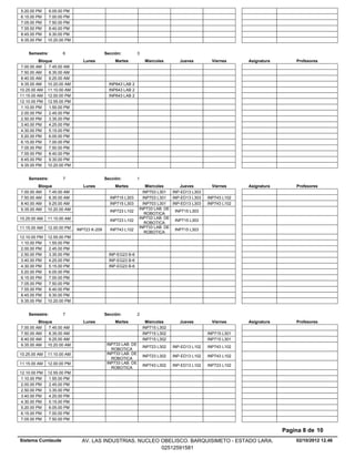 5.20.00 PM     6.05.00 PM
6.15.00 PM     7.00.00 PM
7.05.00 PM     7.50.00 PM
7.55.00 PM     8.40.00 PM
8.45.00 PM     9.30.00 PM
9.35.00 PM    10.20.00 PM


    Semestre:        6                     Sección:          3
          Bloque               Lunes            Martes            Miercoles       Jueves         Viernes     Asignatura       Profesores
 7.00.00 AM    7.45.00 AM
 7.50.00 AM    8.35.00 AM
 8.40.00 AM    9.25.00 AM
 9.35.00 AM 10.20.00 AM                      INP643 LAB 2
10.25.00 AM 11.10.00 AM                      INP643 LAB 2
11.15.00 AM 12.00.00 PM                      INP643 LAB 2
12.10.00 PM 12.55.00 PM
 1.10.00 PM    1.55.00 PM
 2.00.00 PM    2.45.00 PM
 2.50.00 PM    3.35.00 PM
 3.40.00 PM    4.25.00 PM
 4.30.00 PM    5.15.00 PM
 5.20.00 PM    6.05.00 PM
 6.15.00 PM    7.00.00 PM
 7.05.00 PM    7.50.00 PM
 7.55.00 PM    8.40.00 PM
 8.45.00 PM    9.30.00 PM
 9.35.00 PM 10.20.00 PM


    Semestre:        7                     Sección:          1
         Bloque                Lunes            Martes          Miercoles      Jueves            Viernes     Asignatura       Profesores
7.00.00 AM    7.45.00 AM                                       INP703 L301  INP-ED13 L303
7.50.00 AM    8.35.00 AM                     INP715 L303       INP703 L301  INP-ED13 L303      INP743 L102
8.40.00 AM    9.25.00 AM                     INP715 L303       INP703 L301  INP-ED13 L303      INP743 L102
9.35.00 AM 10.20.00 AM                                       INP733 LAB. DE
                                             INP723 L102                     INP715 L303
                                                                ROBOTICA
10.25.00 AM   11.10.00 AM                                    INP733 LAB. DE
                                             INP723 L102                     INP715 L303
                                                                ROBOTICA
11.15.00 AM   12.00.00 PM                                    INP733 LAB. DE
                            INP723 K-209     INP743 L102                     INP715 L303
                                                                ROBOTICA
12.10.00 PM   12.55.00 PM
 1.10.00 PM    1.55.00 PM
 2.00.00 PM    2.45.00 PM
 2.50.00 PM    3.35.00 PM                    INP-EG23 B-6
 3.40.00 PM    4.25.00 PM                    INP-EG23 B-6
 4.30.00 PM    5.15.00 PM                    INP-EG23 B-6
 5.20.00 PM    6.05.00 PM
 6.15.00 PM    7.00.00 PM
 7.05.00 PM    7.50.00 PM
 7.55.00 PM    8.40.00 PM
 8.45.00 PM    9.30.00 PM
 9.35.00 PM   10.20.00 PM


    Semestre:        7                     Sección:          2
         Bloque                Lunes            Martes            Miercoles       Jueves         Viernes     Asignatura       Profesores
7.00.00 AM    7.45.00 AM                                         INP715 L302
7.50.00 AM    8.35.00 AM                                         INP715 L302                   INP715 L301
8.40.00 AM    9.25.00 AM                                         INP715 L302                   INP715 L301
9.35.00 AM 10.20.00 AM                      INP733 LAB. DE
                                                                 INP723 L302   INP-ED13 L102   INP743 L102
                                              ROBOTICA
10.25.00 AM   11.10.00 AM                   INP733 LAB. DE
                                                                 INP723 L302   INP-ED13 L102   INP743 L102
                                              ROBOTICA
11.15.00 AM   12.00.00 PM                   INP733 LAB. DE
                                                                 INP743 L302   INP-ED13 L102   INP723 L102
                                              ROBOTICA
12.10.00 PM   12.55.00 PM
 1.10.00 PM    1.55.00 PM
 2.00.00 PM    2.45.00 PM
 2.50.00 PM    3.35.00 PM
 3.40.00 PM    4.25.00 PM
 4.30.00 PM    5.15.00 PM
 5.20.00 PM    6.05.00 PM
 6.15.00 PM    7.00.00 PM
 7.05.00 PM    7.50.00 PM

                                                                                                                          Pagina 8 de 10
Sistema Cumlaude              AV. LAS INDUSTRIAS. NUCLEO OBELISCO. BARQUISIMETO - ESTADO LARA.                                02/10/2012 12.46
                                                         02512591581
 